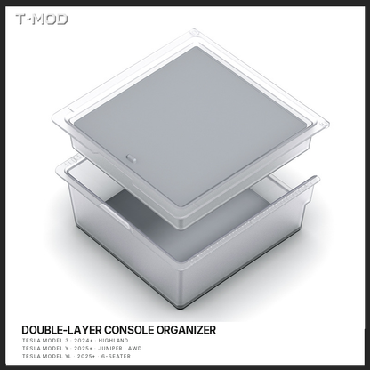 White-background product view of the clear double-layer center-console organizer with neutral-gray insert, compatible with Tesla Model 3 (2024+) — Highland, Tesla Model Y (2025+) — Juniper — AWD, and Tesla Model YL (2025+) — 6-Seater.