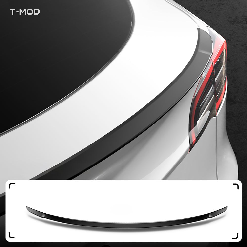 Matte black performance-style spoiler installed on a Tesla with matching product view