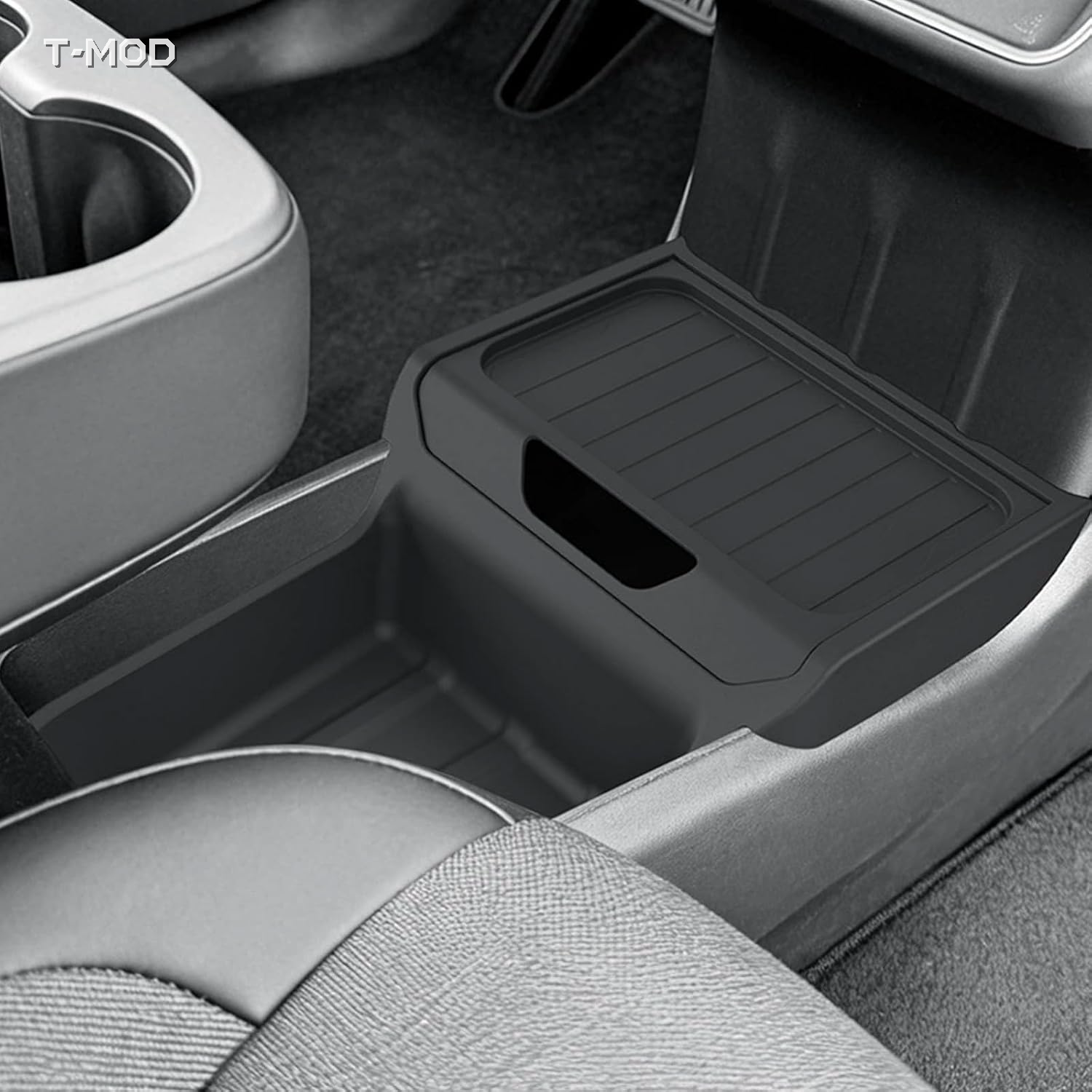 Black TPE under-console organizer tray showing storage capacity for daily essentials