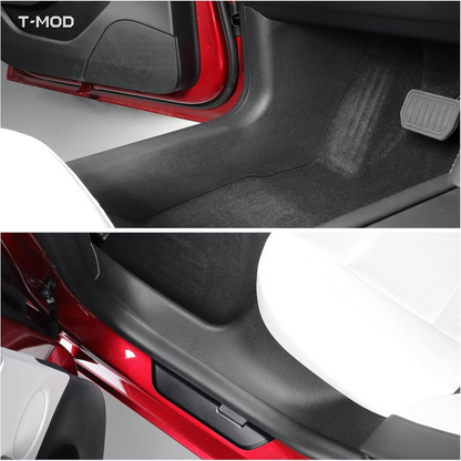 Black TPE threshold protection across the Tesla Model 3 Highland front and rear interior