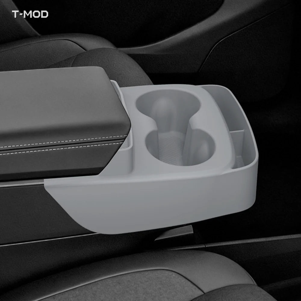 Grey TPE center-console cup holder organizer installed in Tesla Model Y