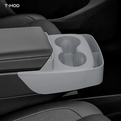 Grey TPE center-console cup holder organizer installed in Tesla Model Y