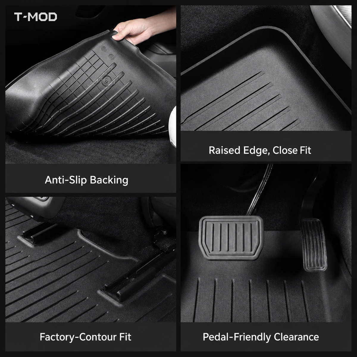 Black TPE floor mat features for Tesla Model 3 Highland 2024+