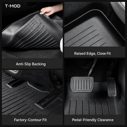 Black TPE floor mat features for Tesla Model 3 Highland 2024+