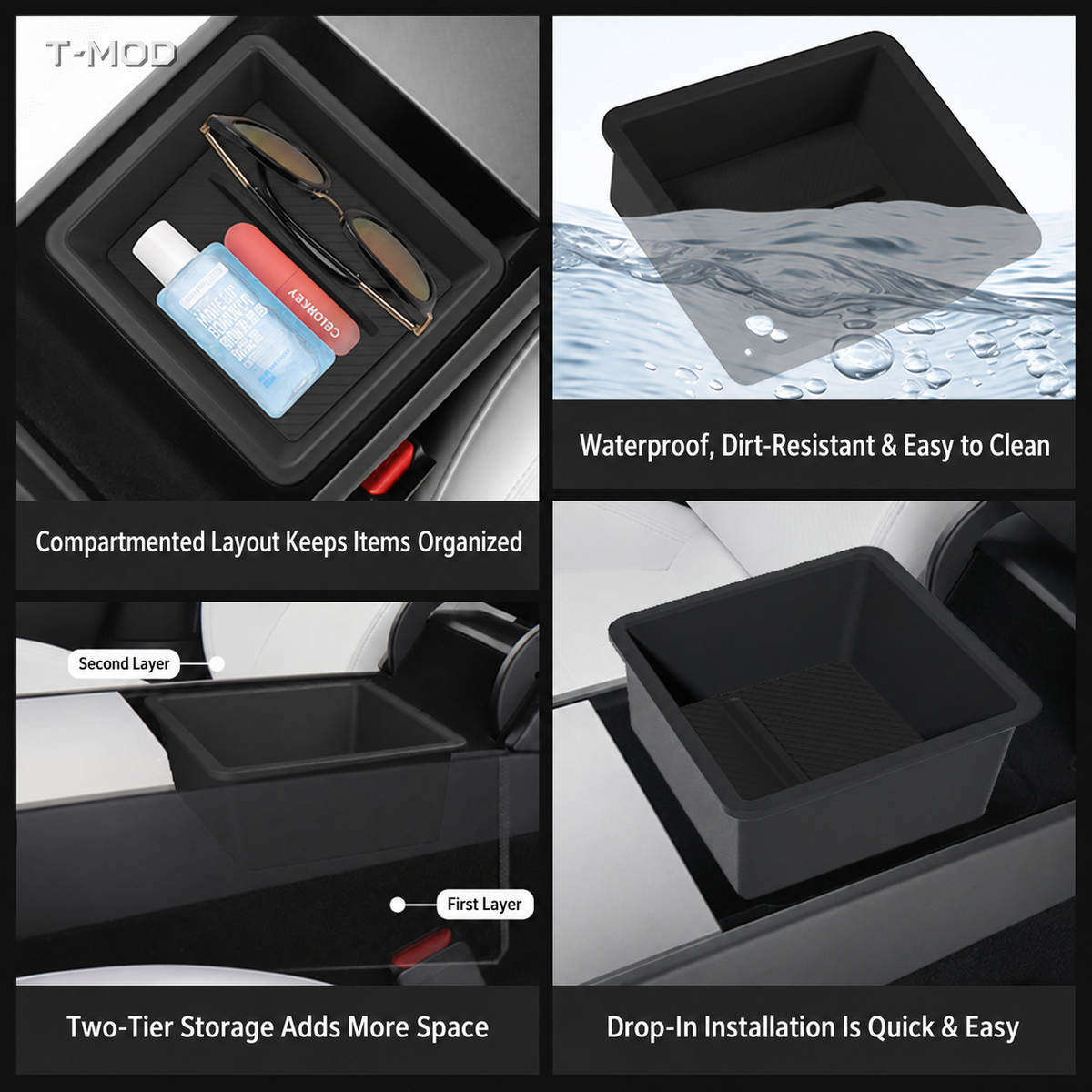 Four-panel collage showing divided storage, rinse-clean use, two storage layers, and drop-in installation.