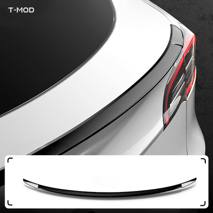 Gloss black performance-style spoiler installed on a Tesla with matching product view
