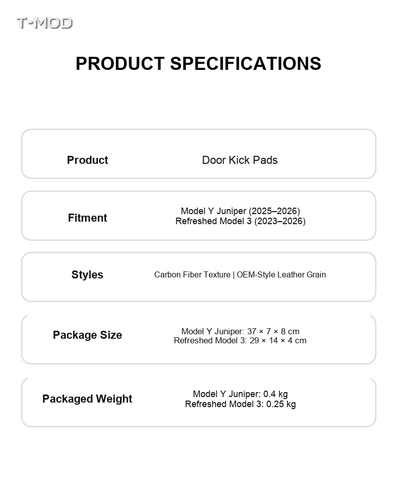 Door kick-pad specifications and packaged weight