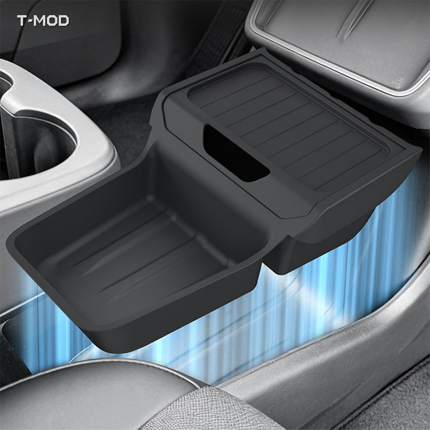 Black TPE under-center-console organizer tray installed in Tesla Model Y Standard