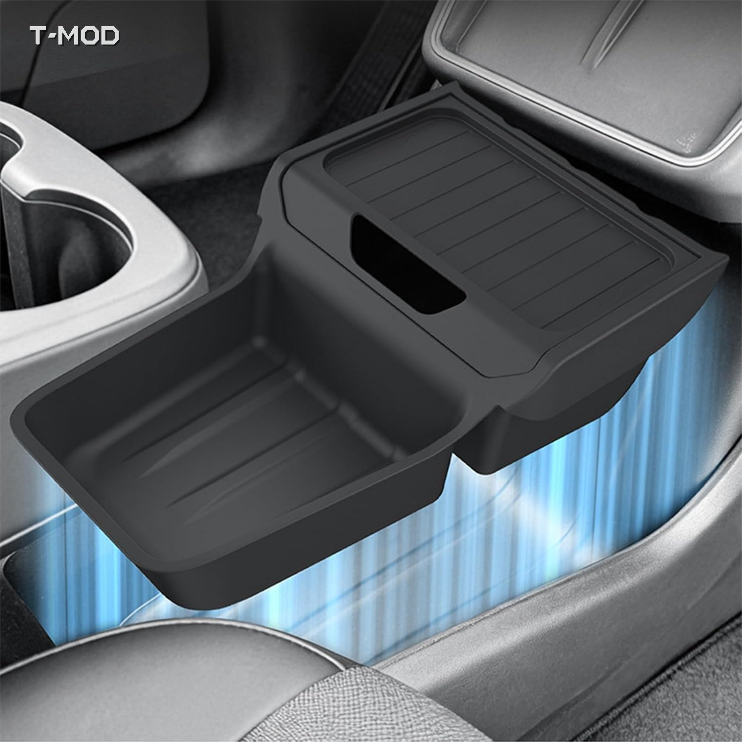 Black TPE under-center-console organizer tray installed in Tesla Model Y Standard