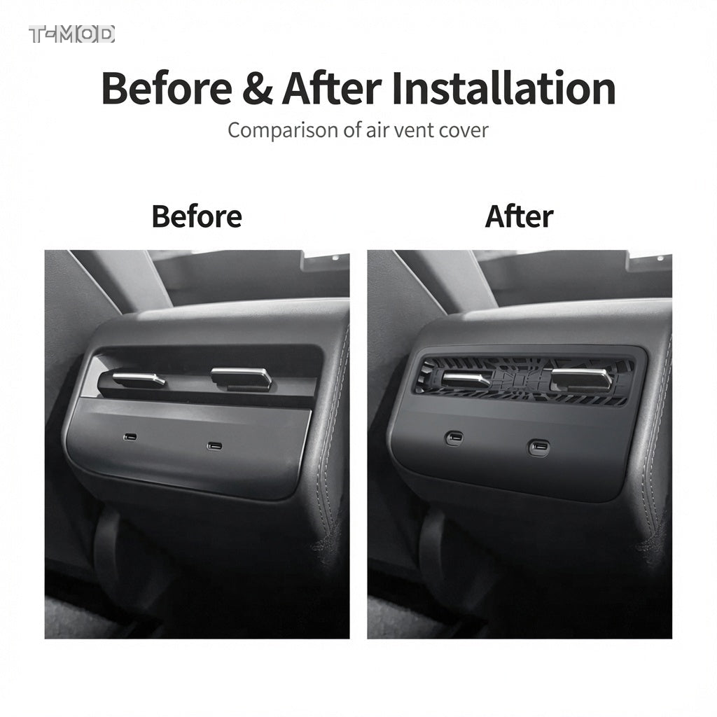 Before and after installation of a rear air vent protection grid for Tesla Model Y Standard
