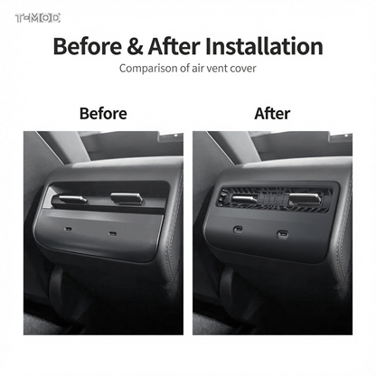 Before and after installation of a rear air vent protection grid for Tesla Model Y Standard