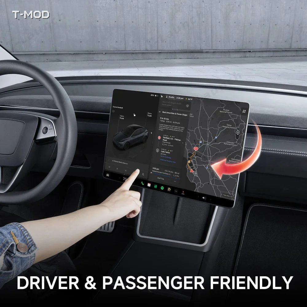 Four-way swivel screen mount viewed from the driver side in a Tesla Model Y Juniper interior
