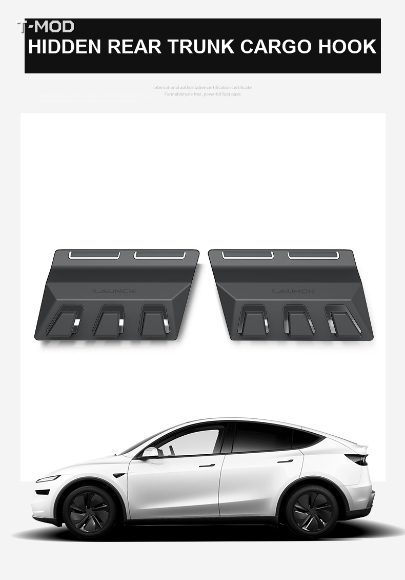 Hidden rear trunk cargo grocery bag hook pair for Tesla Model Y Juniper