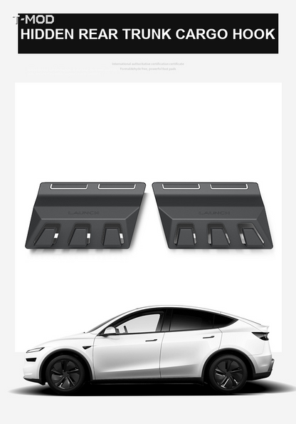 Hidden rear trunk cargo grocery bag hook pair for Tesla Model Y Juniper
