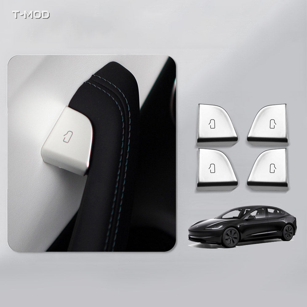 Silver door button switch protector installed in a Tesla Model 3 Highland door interior with four silver pieces shown