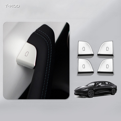 Silver door button switch protector installed in a Tesla Model 3 Highland door interior with four silver pieces shown