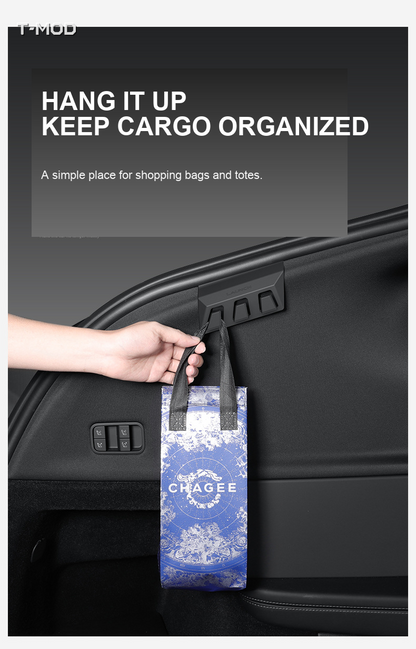 Tesla Model Y Juniper rear trunk hook holding a shopping bag