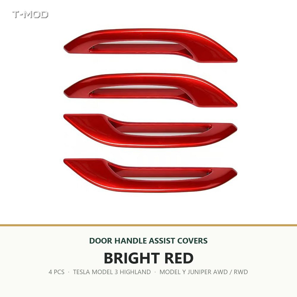 Bright Red door handle assist covers, 4 PCS, for Tesla Model 3 Highland and Tesla Model Y Juniper AWD/RWD