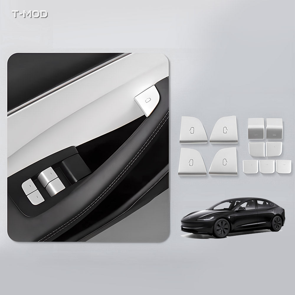 Silver door button switch protector installed in a Tesla Model 3 Highland door interior with the product set shown