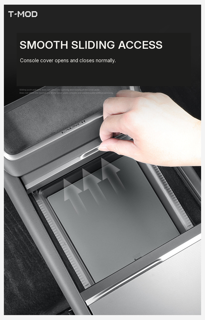 Sliding tray detail showing smooth access while the console cover opens and closes; for Tesla Model 3 (2024+) — Highland, Tesla Model Y (2025+) — Juniper — AWD, and Tesla Model YL (2025+) — 6-Seater.
