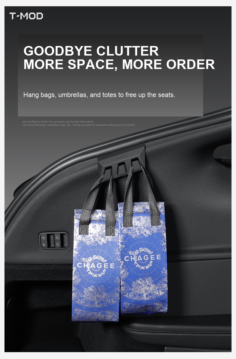 Rear trunk cargo organization with grocery bag hooks for Tesla Model Y Juniper
