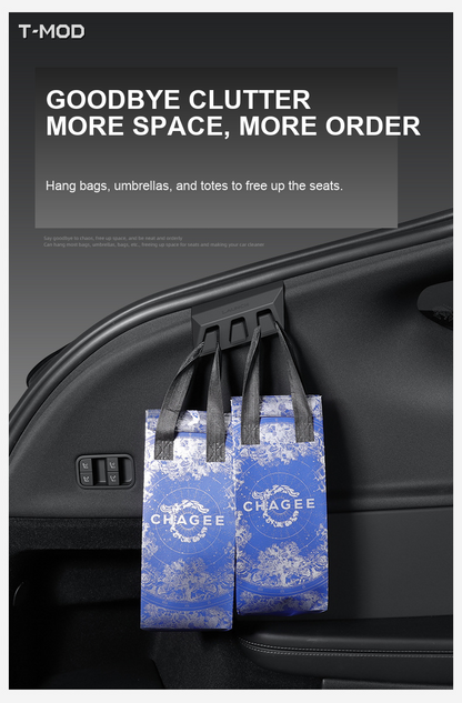Rear trunk cargo organization with grocery bag hooks for Tesla Model Y Juniper