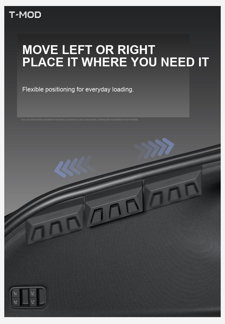 Moveable rear trunk grocery bag hook positioning for Tesla Model Y Juniper