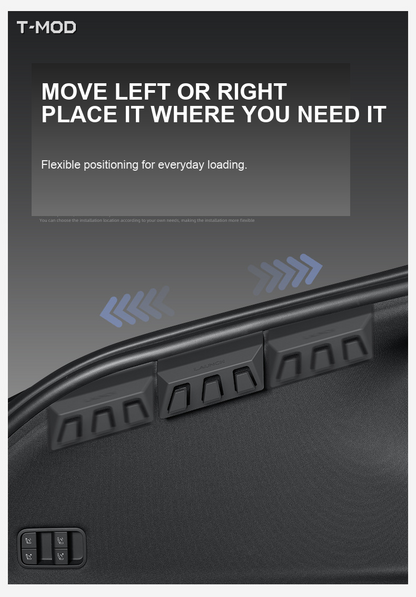 Moveable rear trunk grocery bag hook positioning for Tesla Model Y Juniper