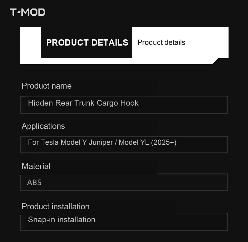 Product specifications for the Tesla Model Y Juniper rear trunk cargo hook