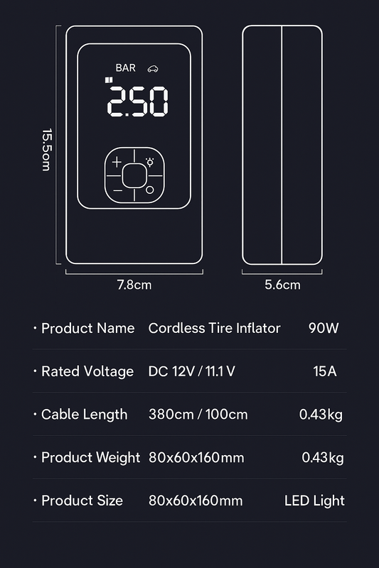 Cordless Tire Inflator – 3-in-1 Portable Car Air Pump with Type-C Charging