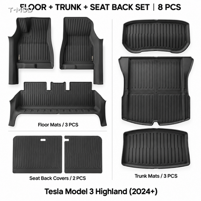 Floor + Trunk + Seat Back Set (8 PCS) for Tesla Model 3 Highland (2024+) — Full Coverage | T-MOD Canada