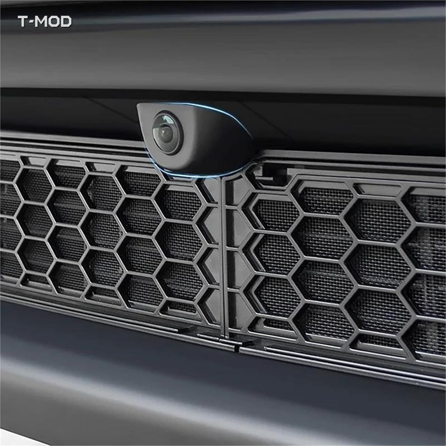 Close-up of honeycomb mesh lower-grille insect net on Tesla Model Y Juniper