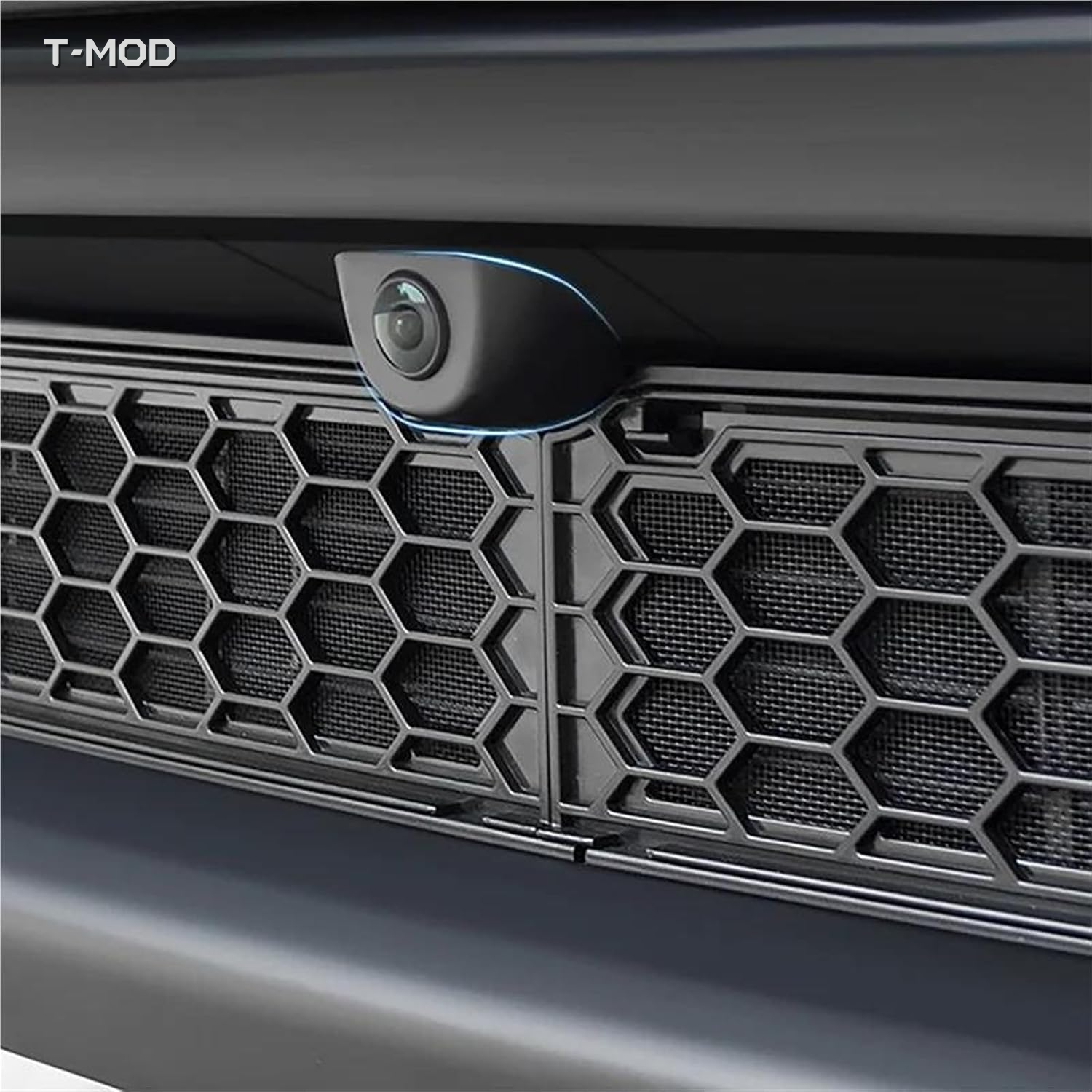 Close-up of honeycomb mesh lower-grille insect net on Tesla Model Y Juniper