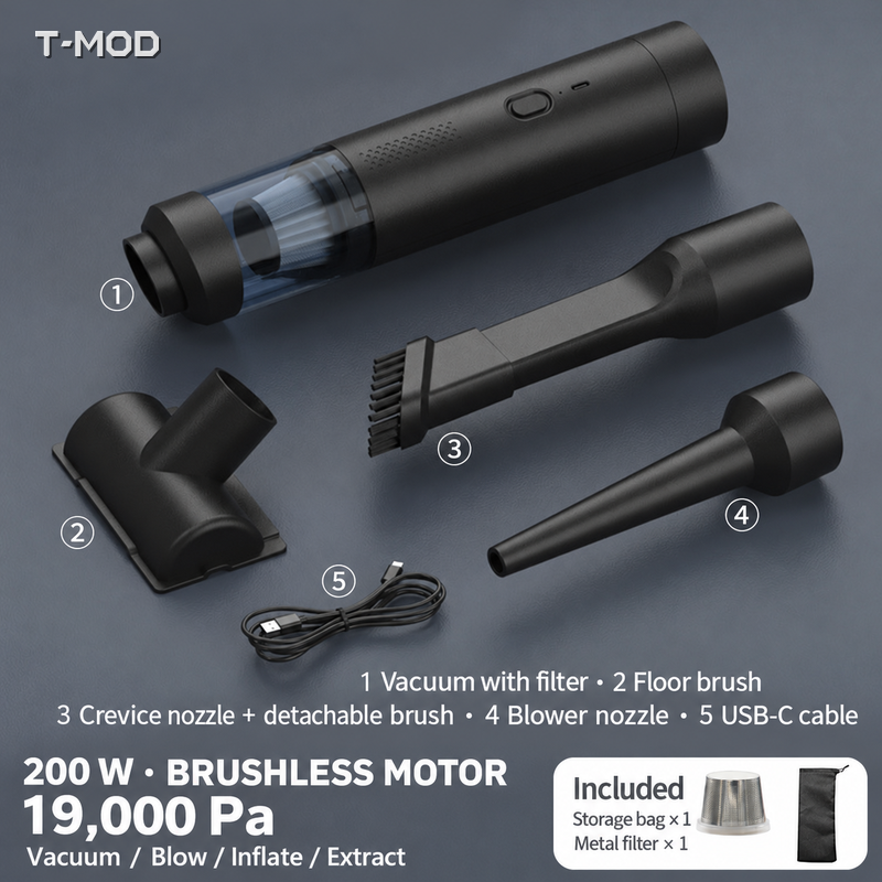 Black cylindrical cordless handheld vacuum with floor brush, crevice brush, blower nozzle, USB-C cable, storage bag and metal filter