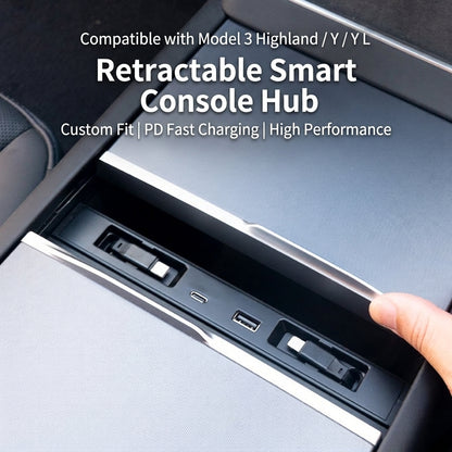 Hub USB 5-en-1 caché pour console centrale avec chargeur de montre et câbles rétractables | Pour Tesla Model 3 (2024+) et Y (2026+)