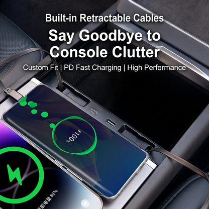 Hub USB 5-en-1 caché pour console centrale avec chargeur de montre et câbles rétractables | Pour Tesla Model 3 (2024+) et Y (2026+)