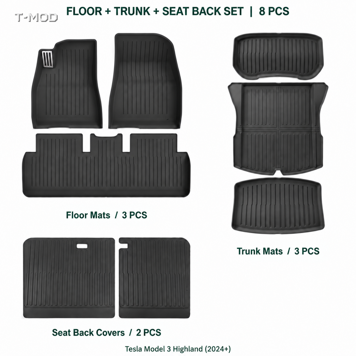 Floor + Trunk + Seat Back Set (8 PCS) for Tesla Model 3 Highland (2024+) | T-MOD Canada
