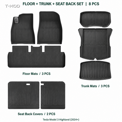 Floor + Trunk + Seat Back Set (8 PCS) for Tesla Model 3 Highland (2024+) | T-MOD Canada