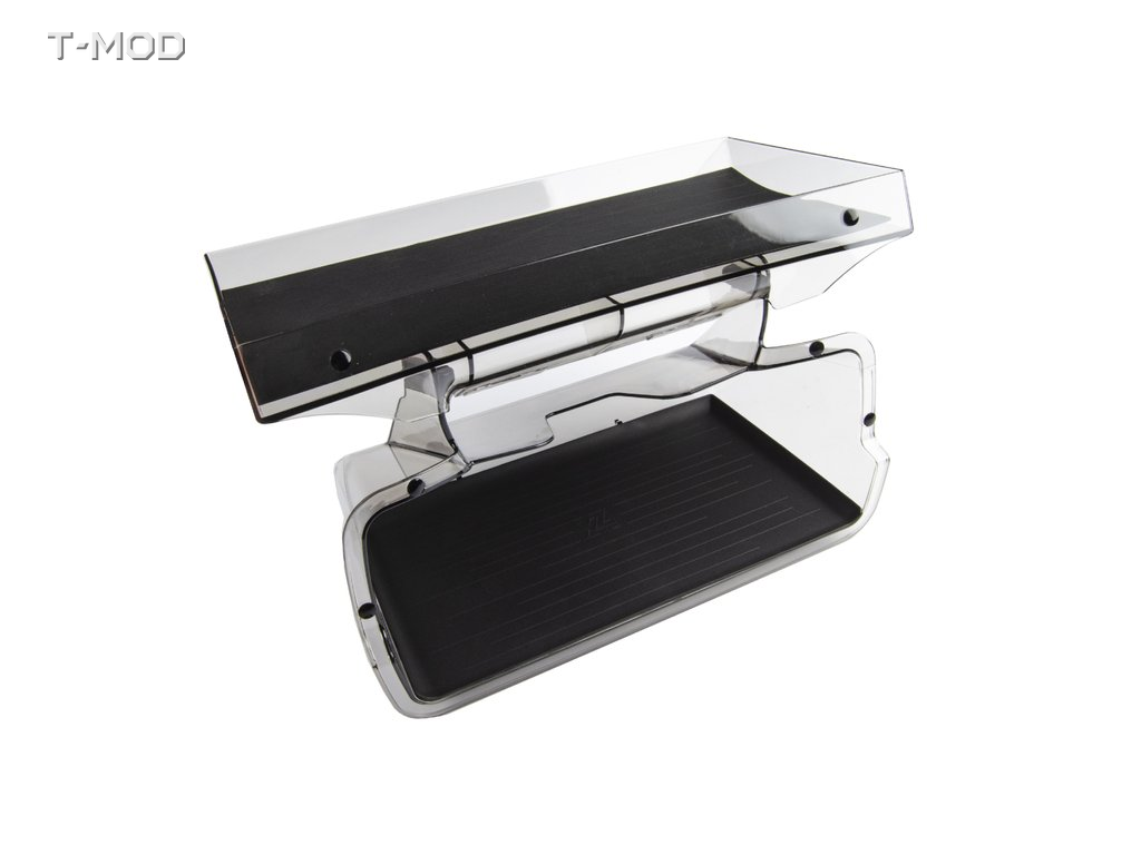 Fixed-open under-screen storage organizer and upper ETC tray with black pads for Tesla Model 3 Legacy / Tesla Model Y Legacy 5-Seater / 7-Seater