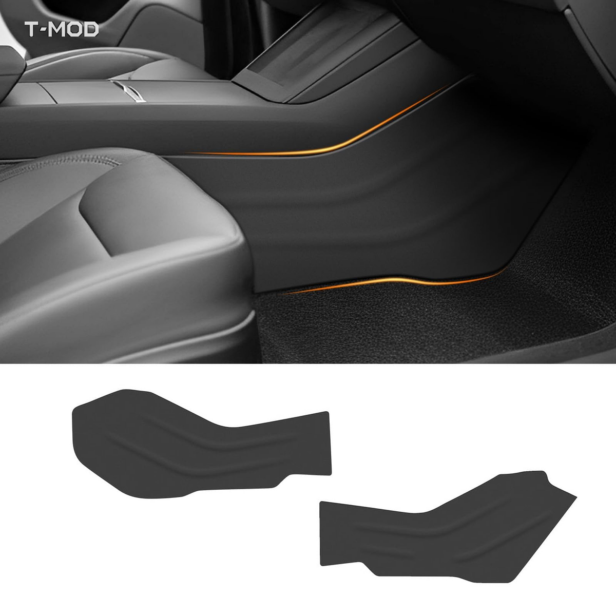 Black leather center-console side anti-kick cover pads for Tesla Model 3 Highland, 2-piece set | T-MOD Canada