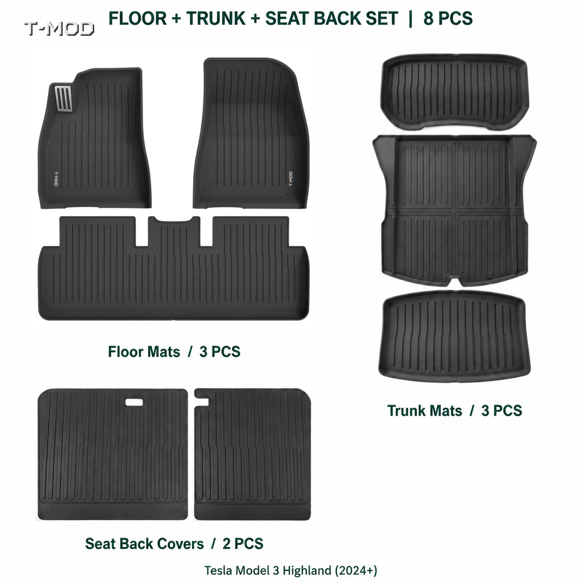 Tesla Model 3 Highland 8 PCS Floor, Trunk, and Seat Back Mat Bundle