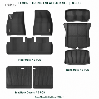 Tesla Model 3 Highland 8 PCS Floor, Trunk, and Seat Back Mat Bundle