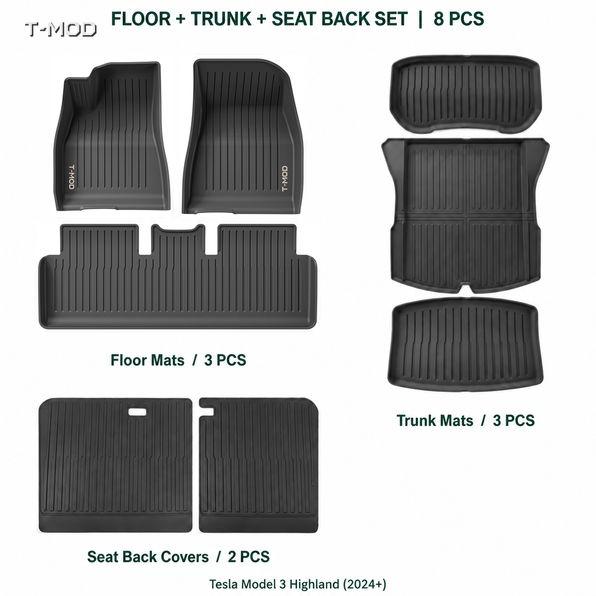 Floor + trunk + seat-back mat set for Tesla Model 3 Highland 2024+ (8 PCS)