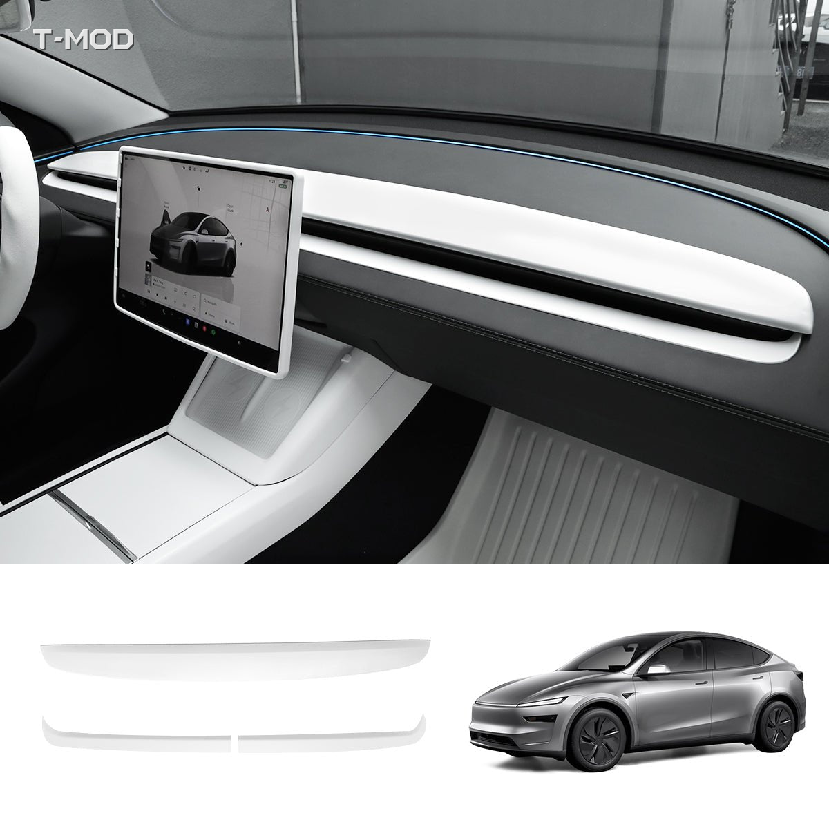 Matte White installed dashboard trim cover for Tesla Model 3 (Highland · 2024+)