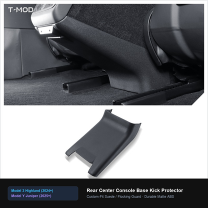 Installed In-Car View of Rear Center Console Base Kick Protector for Tesla Model 3 Highland and Model Y Juniper