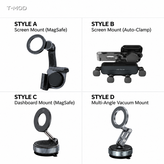 Phone mount comparison: Style A screen mount MagSafe, Style B screen mount auto-clamp, Style C dashboard mount MagSafe, Style D multi-angle vacuum mount